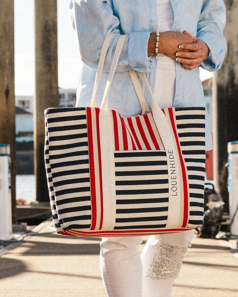 LOUENHIDE : Sorrento Canvas Beach Bag - Navy Red Stripe