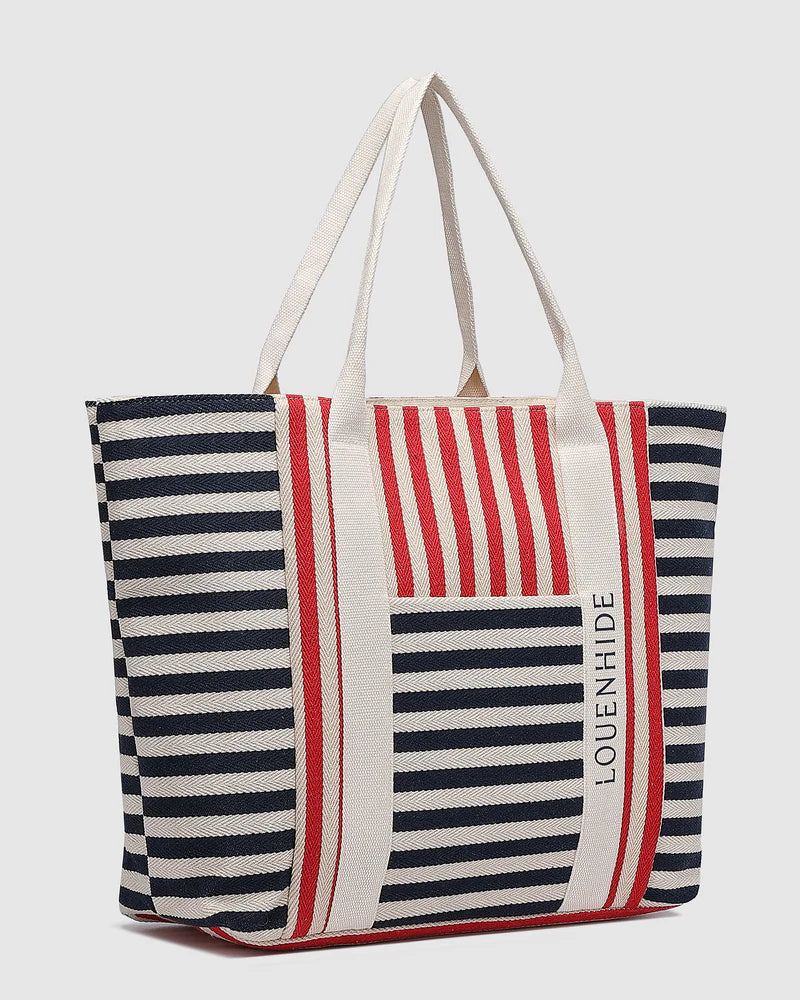 LOUENHIDE : Sorrento Canvas Beach Bag - Navy Red Stripe