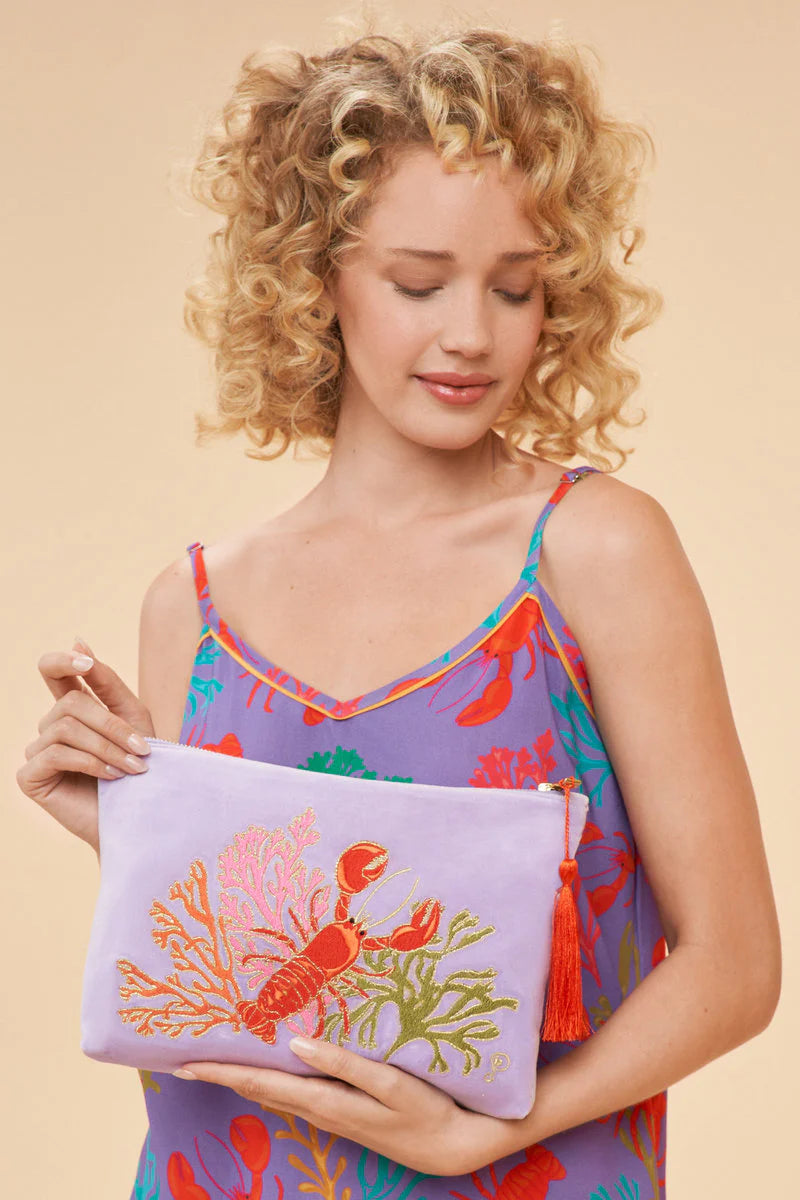 POWDER : Velvet Embroidered Zip Lobster Large Pouch - Bag