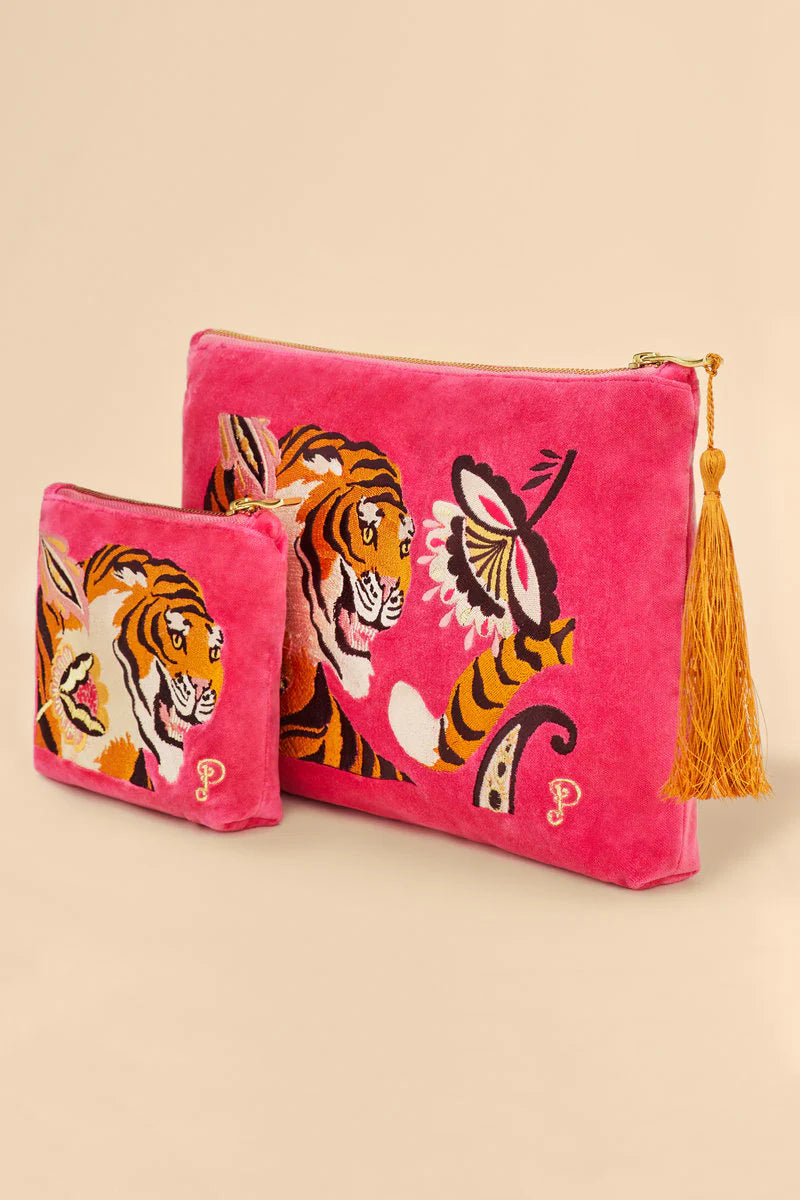 POWDER : Velvet Embroidered Tiger Large Zip Pouch - Bag