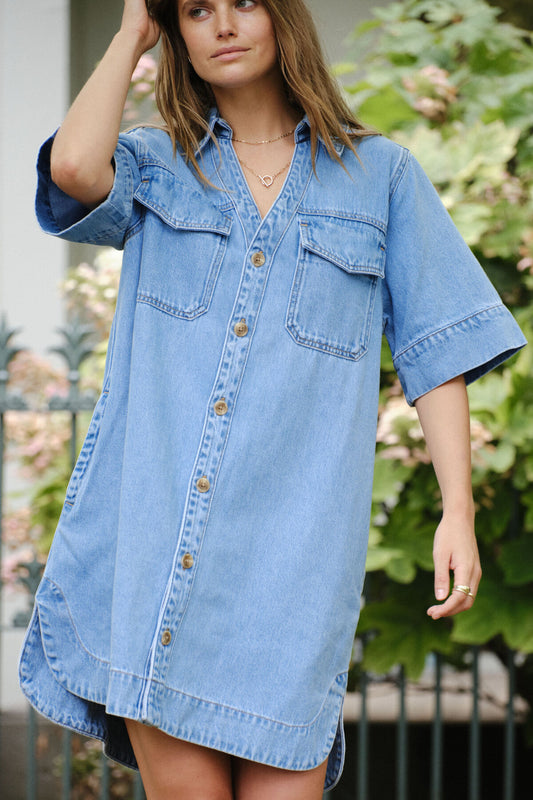 CERES LIFE : Relaxed Shirt Dress - Mid Vintage Blue