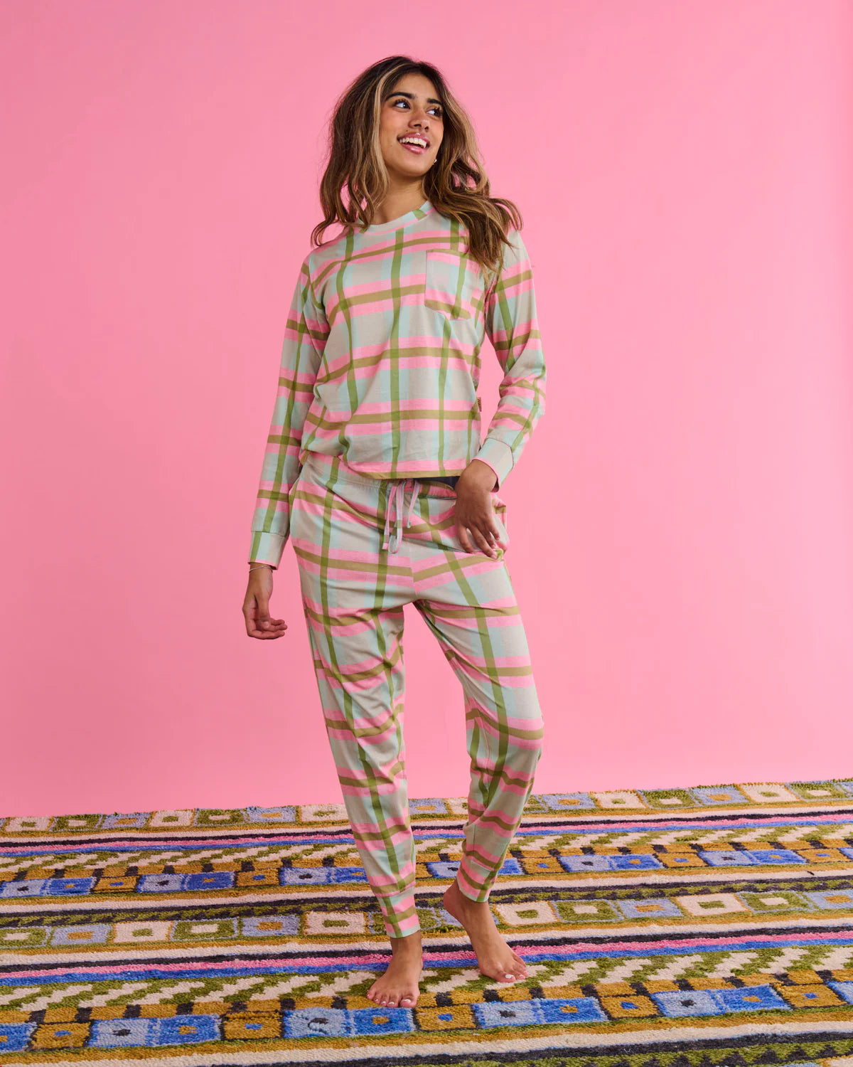 KIP & Co: Pistachio Tartan Organic Long Sleeve Pyjama Set