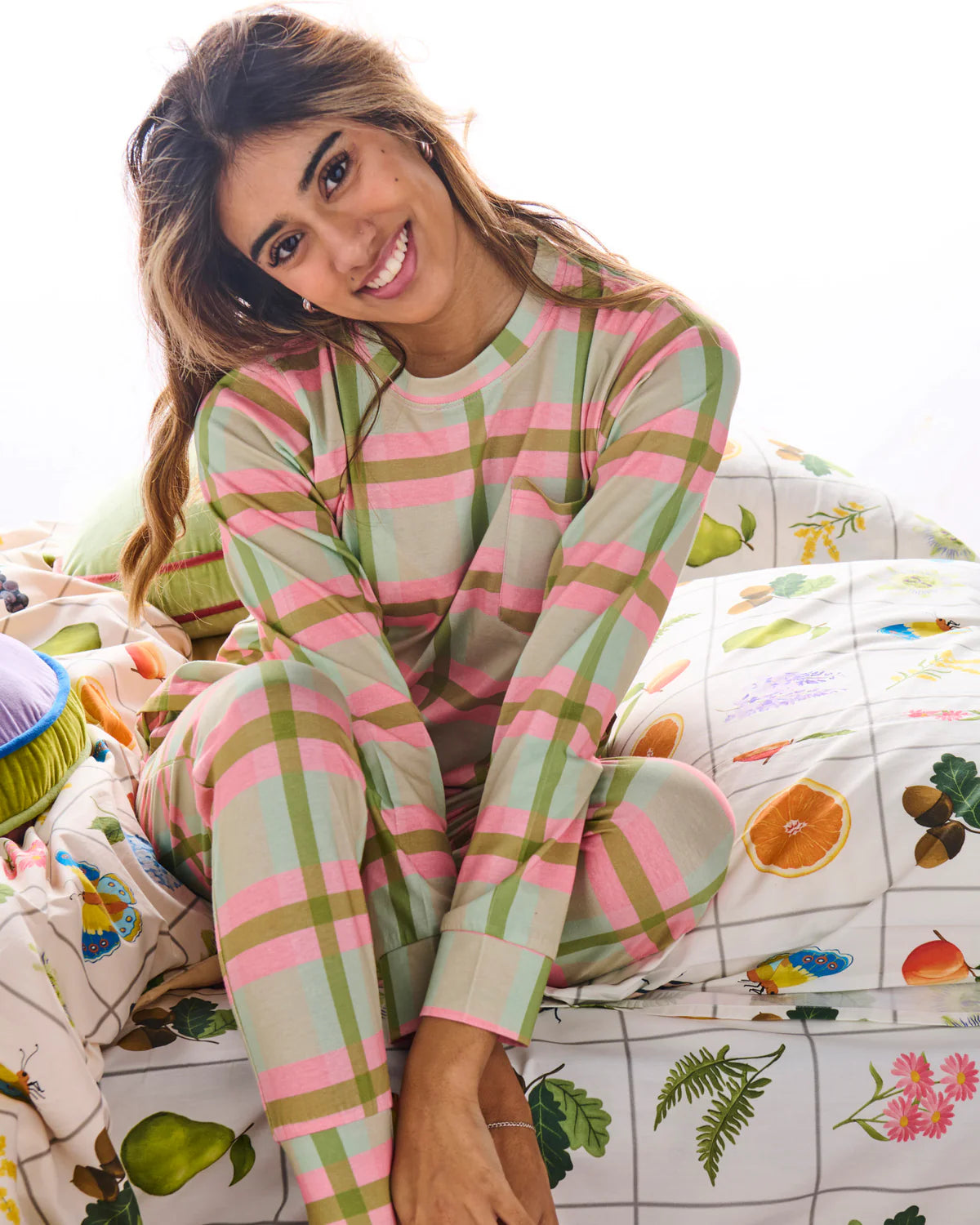 KIP & Co: Pistachio Tartan Organic Long Sleeve Pyjama Set