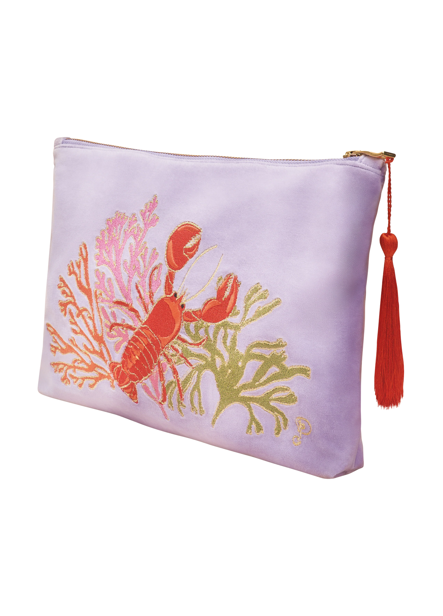 POWDER : Velvet Embroidered Zip Lobster Large Pouch - Bag