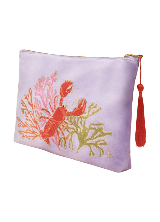 POWDER : Velvet Embroidered Zip Lobster Large Pouch - Bag