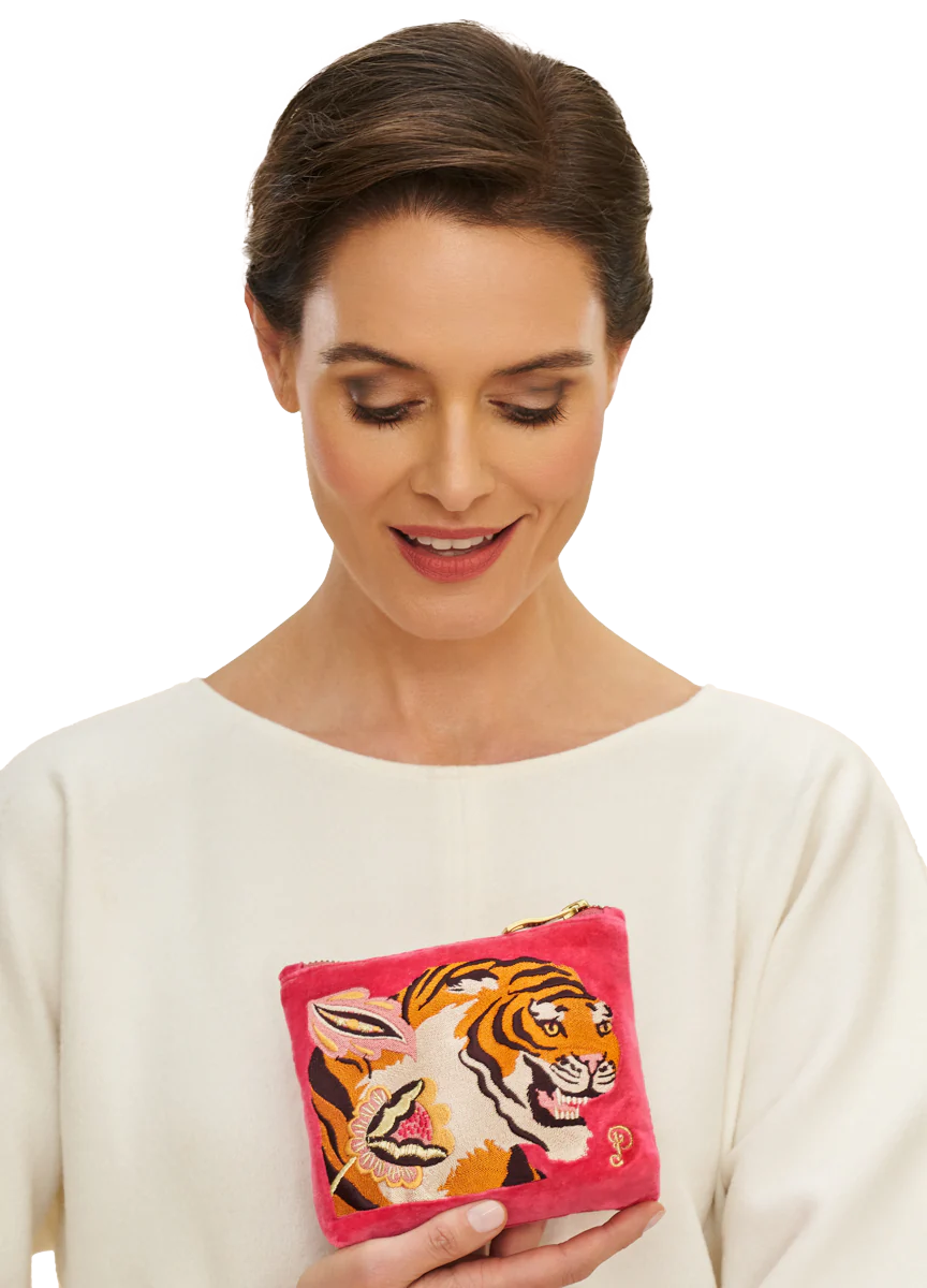 POWDER : Velvet Embroidered Tiger Mini Zip Pouch - Bag