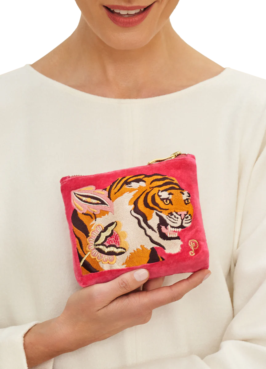 POWDER : Velvet Embroidered Tiger Mini Zip Pouch - Bag