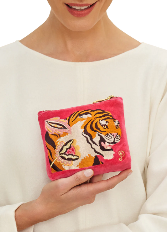 POWDER : Velvet Embroidered Tiger Mini Zip Pouch - Bag