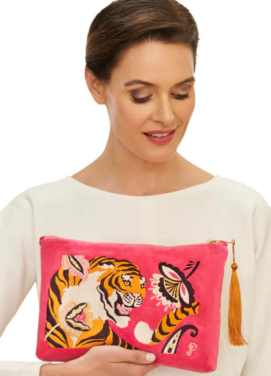 POWDER : Velvet Embroidered Tiger Large Zip Pouch - Bag