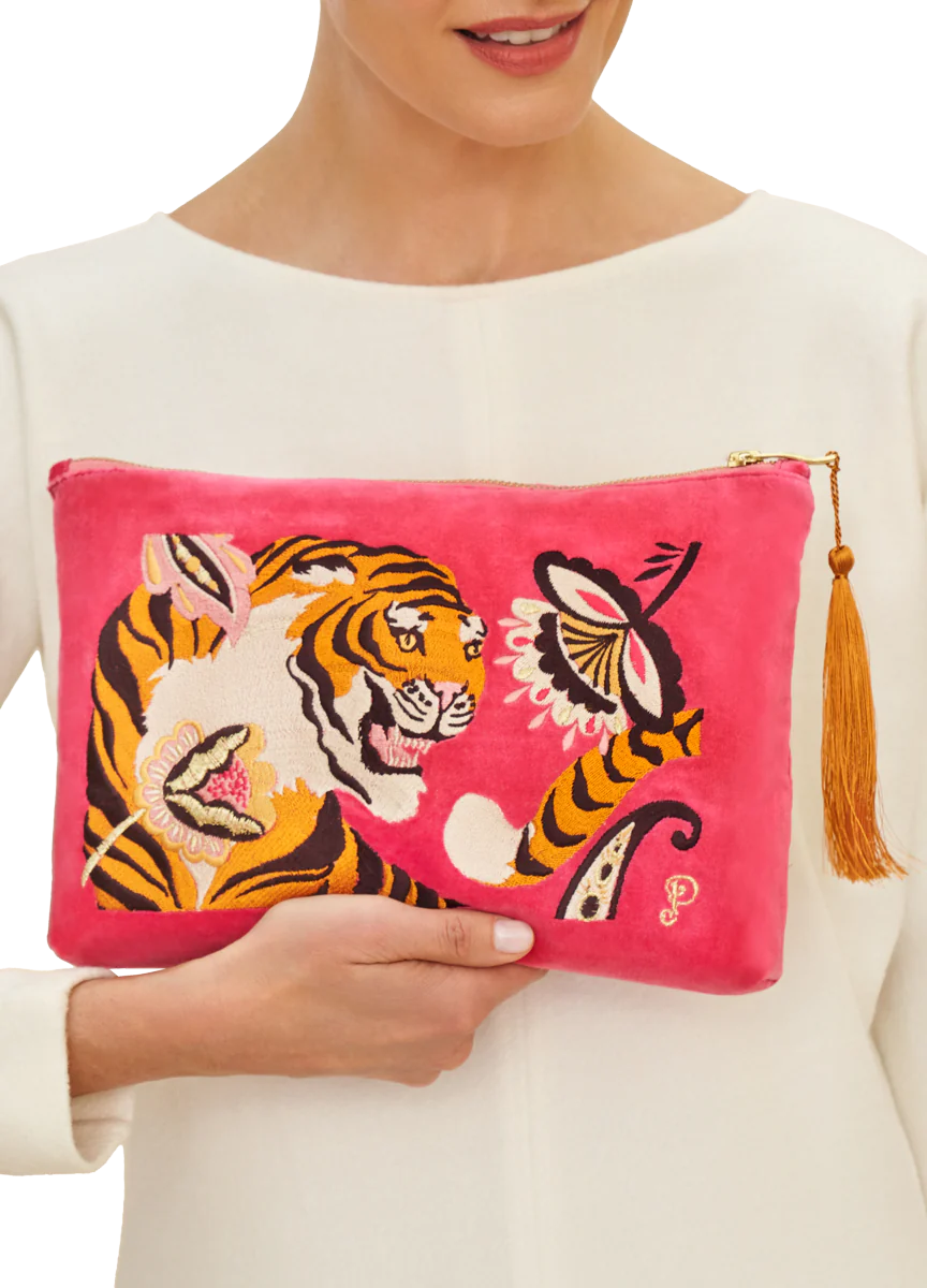 POWDER : Velvet Embroidered Tiger Large Zip Pouch - Bag