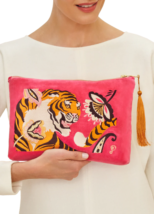 POWDER : Velvet Embroidered Tiger Large Zip Pouch - Bag