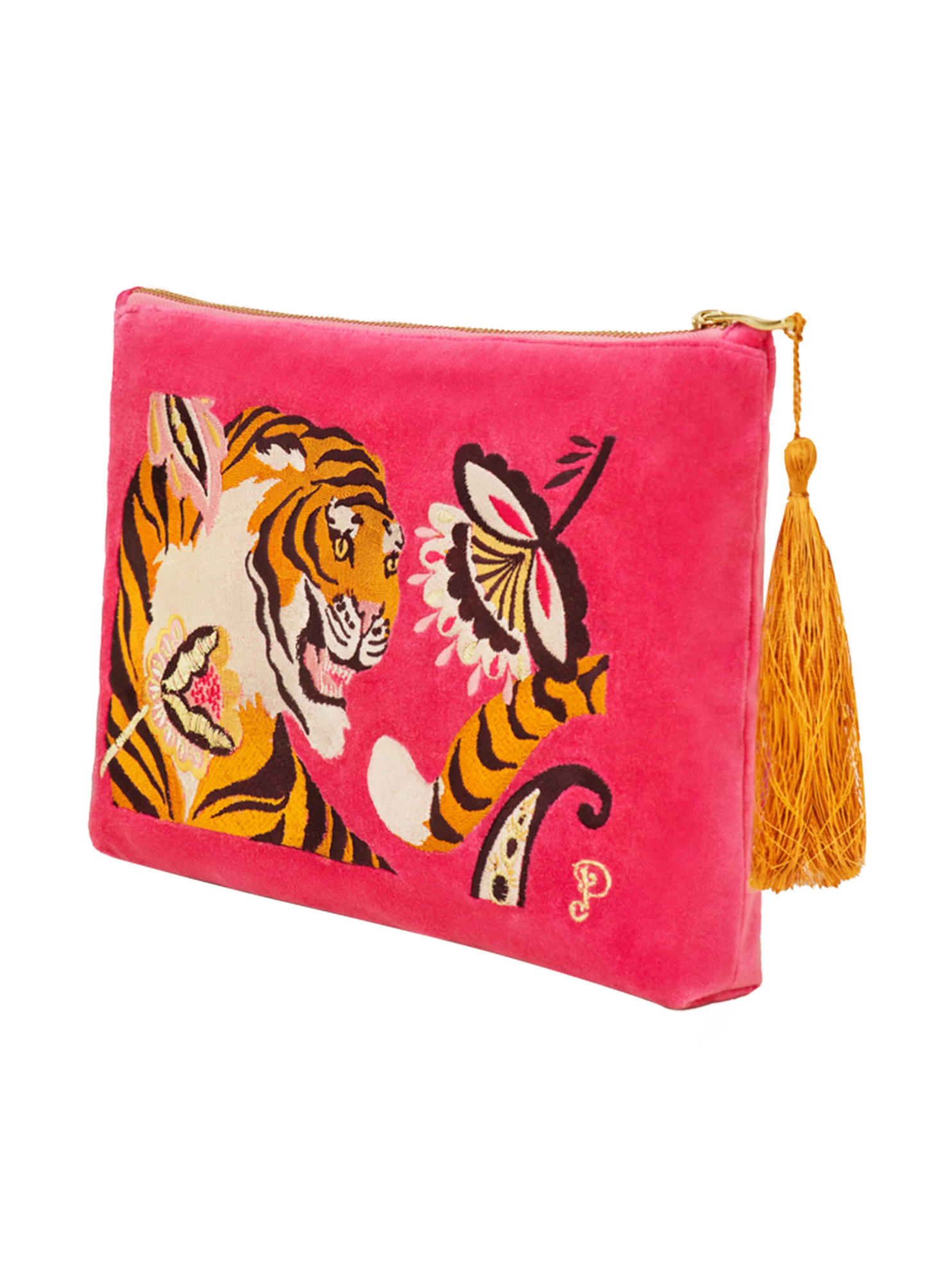 POWDER : Velvet Embroidered Tiger Large Zip Pouch - Bag