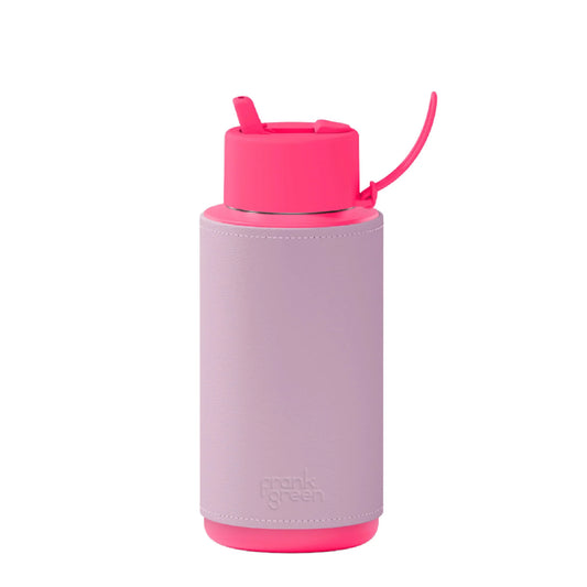 FRANK GREEN : 1L 34oz Insulated Neon Pink & Cactus Leather Sleeve Lilac Haze - Bottle