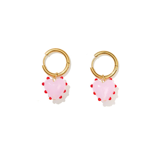 EMELDO: Heart Drop Hoops Red and Pink on Gold - Earrings